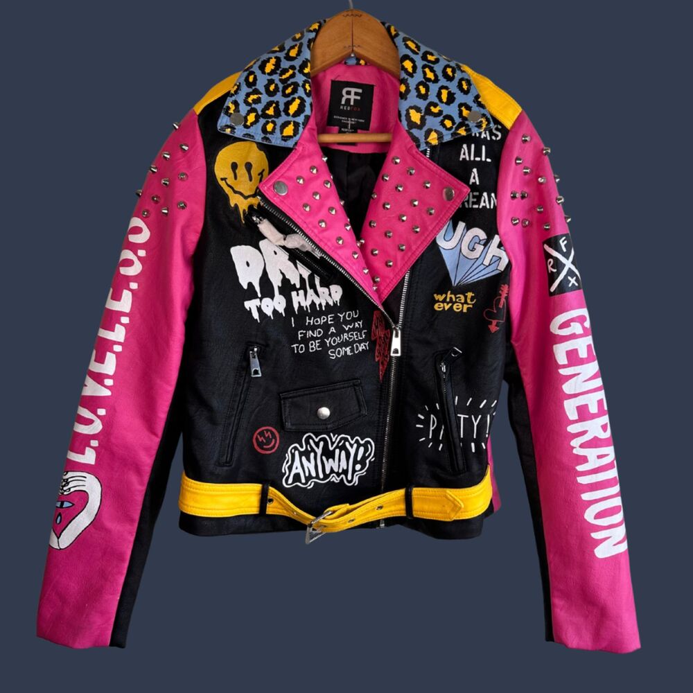 Red Fox Colourful Studded Punk Loveless Generation Faux Leather Bomber Jacket
